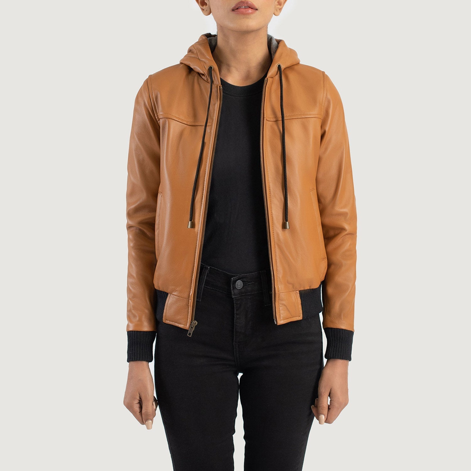 Rebella Brown Hooded Leather Bomber Jacket by Dash Racegear - women Jacket view 1
