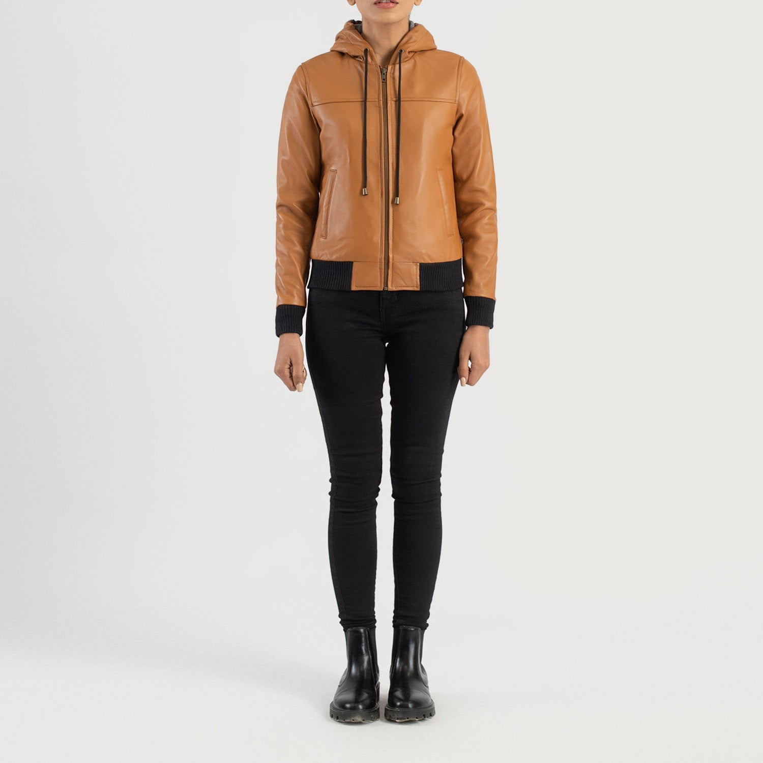 Rebella Brown Hooded Leather Bomber Jacket by Dash Racegear - women Jacket view 3