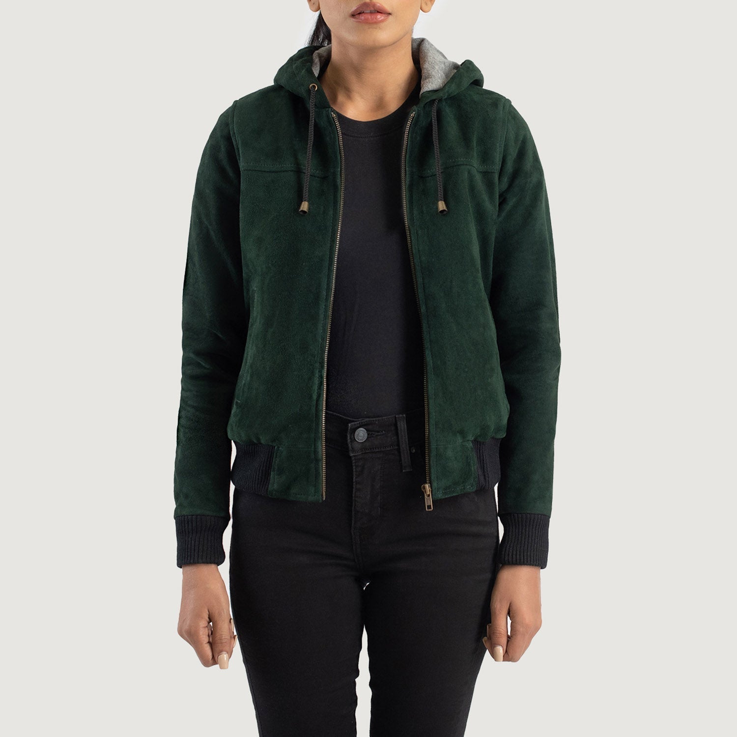 Rebella Green Hooded Suede Bomber Jacket by Dash Racegear - women Jacket view 1