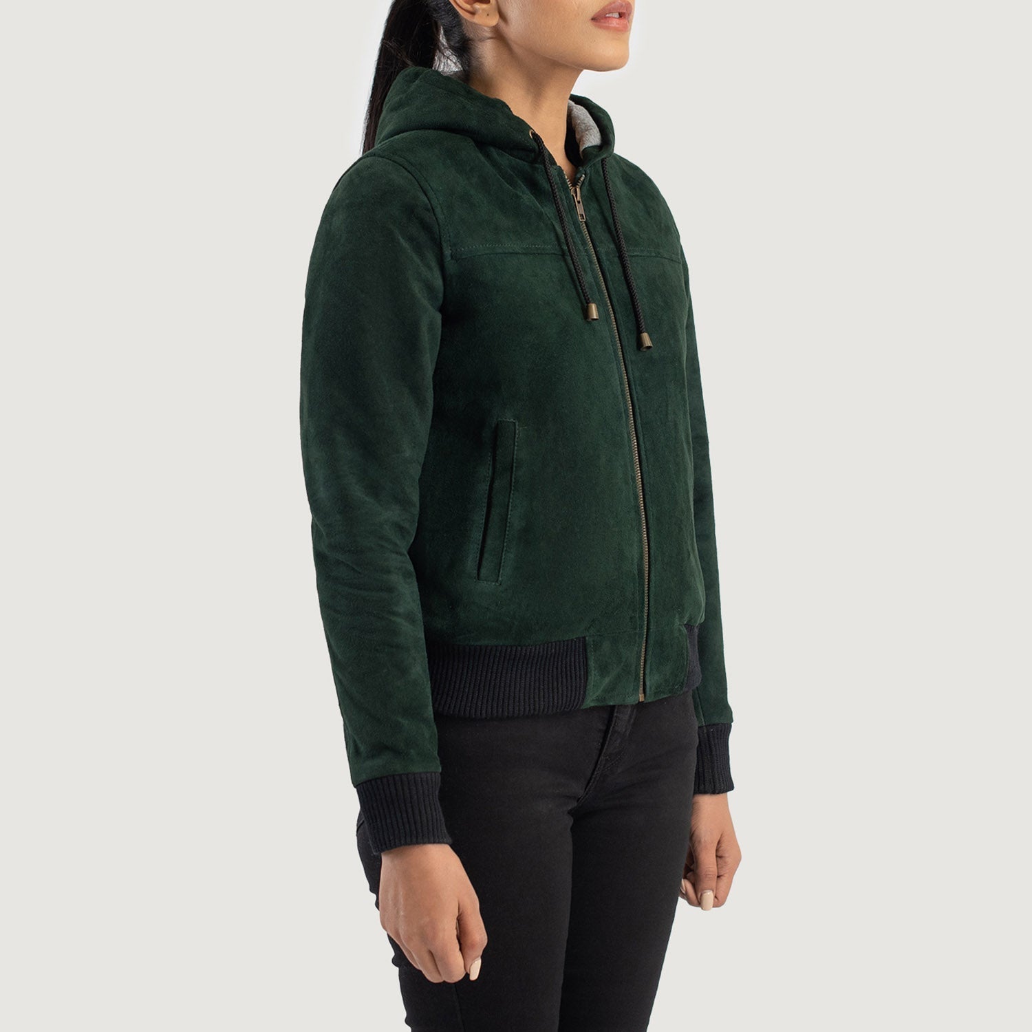 Rebella Green Hooded Suede Bomber Jacket by Dash Racegear - women Jacket view 2