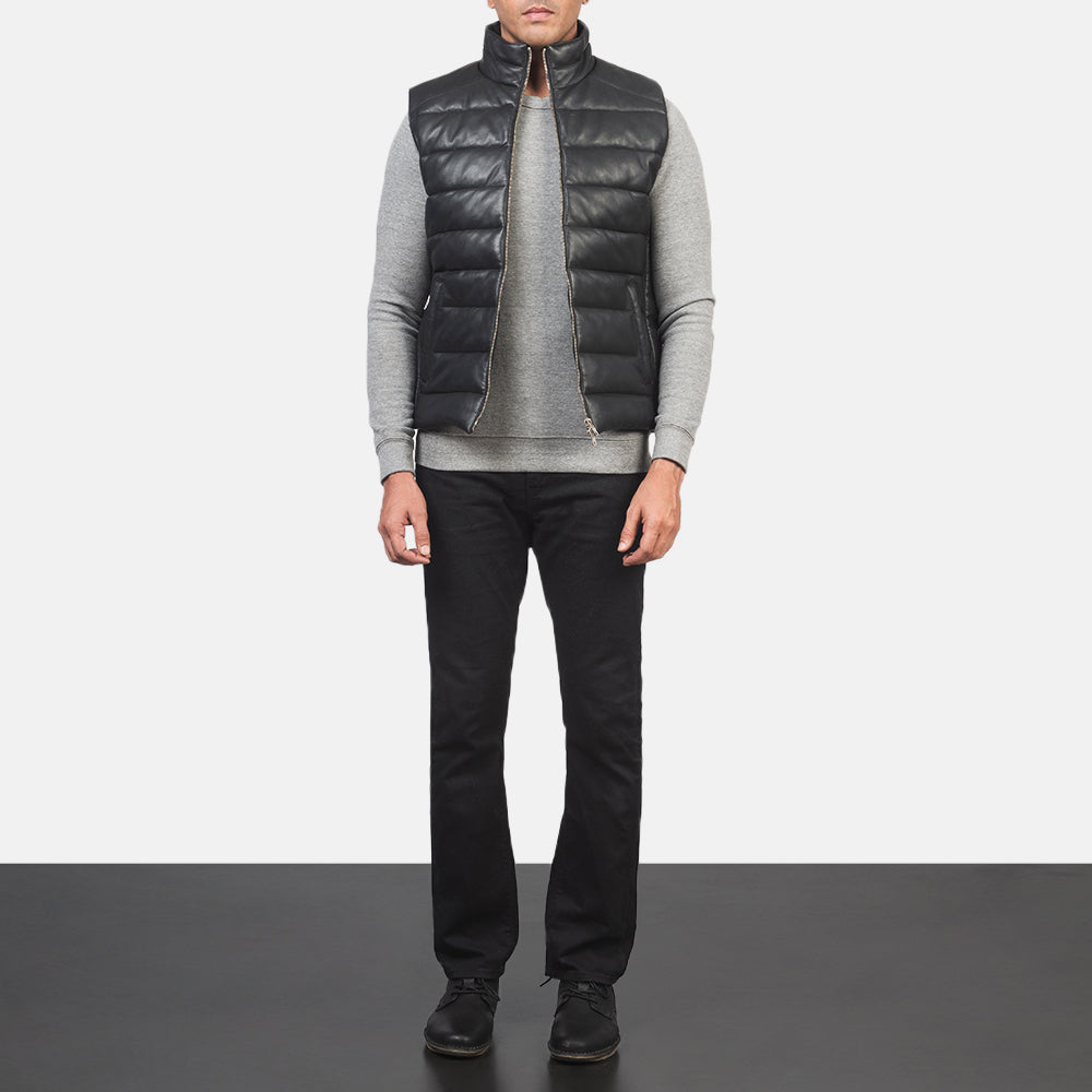 Reeves Black Leather Puffer Vest by Dash Racegear - men Jacket view 3