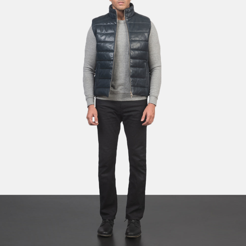 Reeves Blue Leather Puffer Vest by Dash Racegear - men Jacket view 3