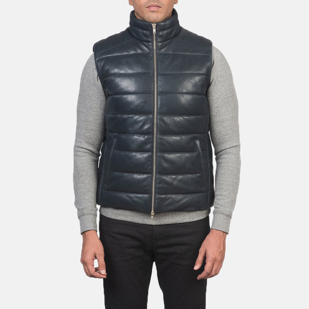 Reeves Blue Leather Puffer Vest by Dash Racegear - men Jacket view 4