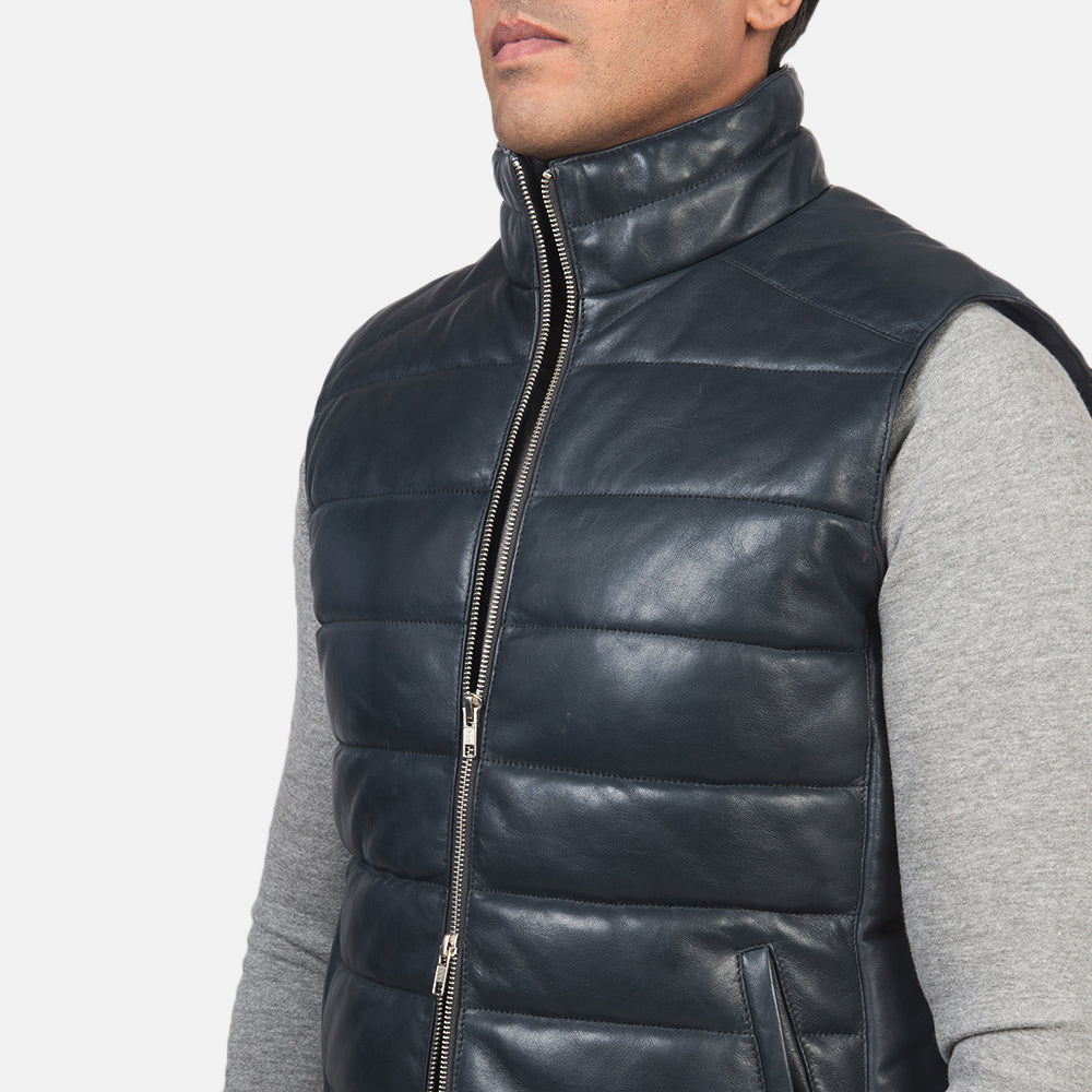 Reeves Blue Leather Puffer Vest by Dash Racegear - men Jacket view 6