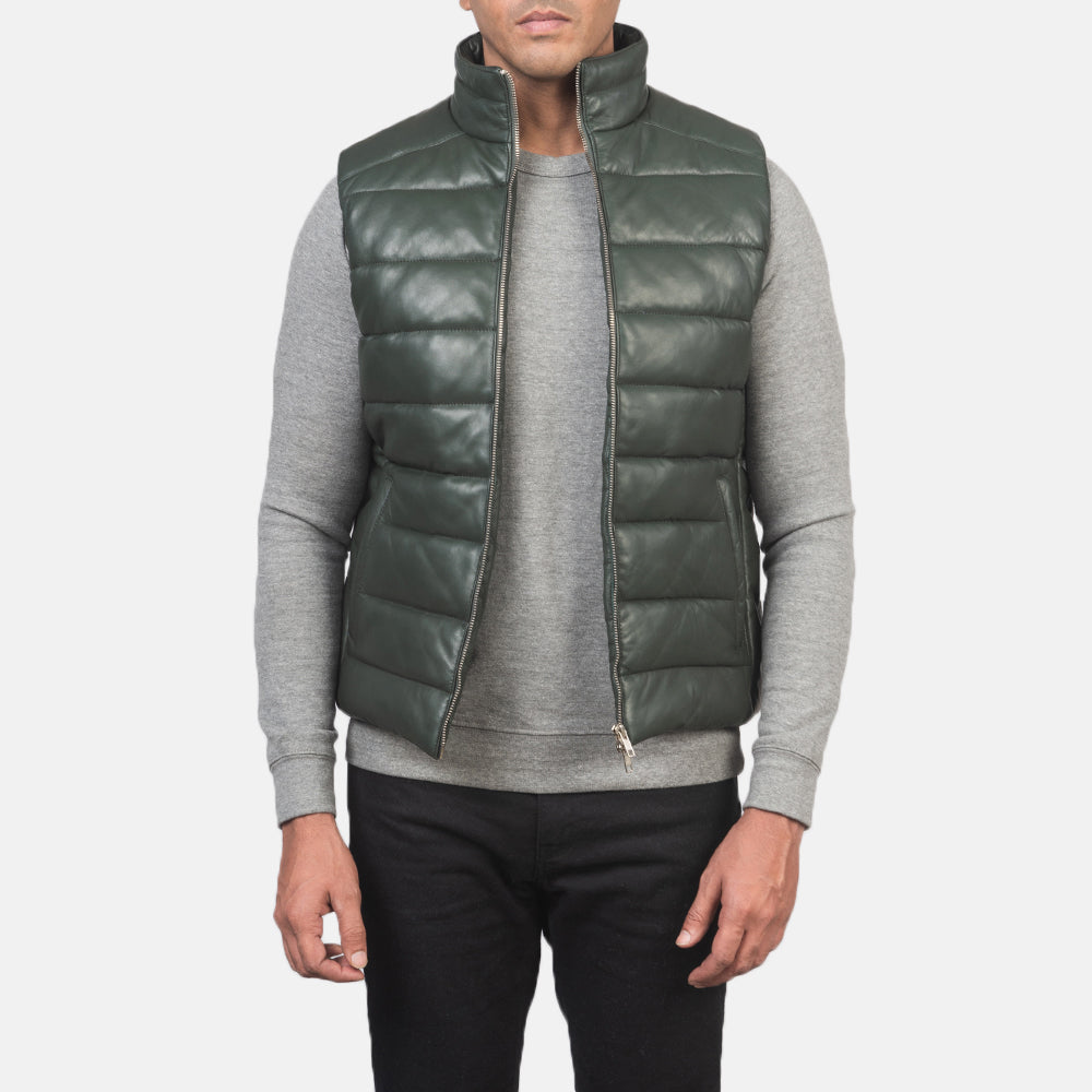 Reeves Green Leather Puffer Vest by Dash Racegear - men Jacket view 1