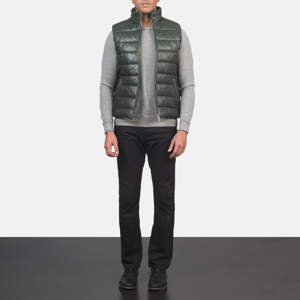 Reeves Green Leather Puffer Vest by Dash Racegear - men Jacket view 3