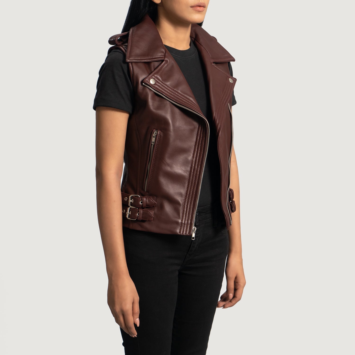 Rhonda Maroon Leather Biker Vest by Dash Racegear - women Jacket view 3