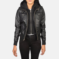 Roslyn Black Hooded Leather Bomber Jacket by Dash Racegear - women Jacket view 1