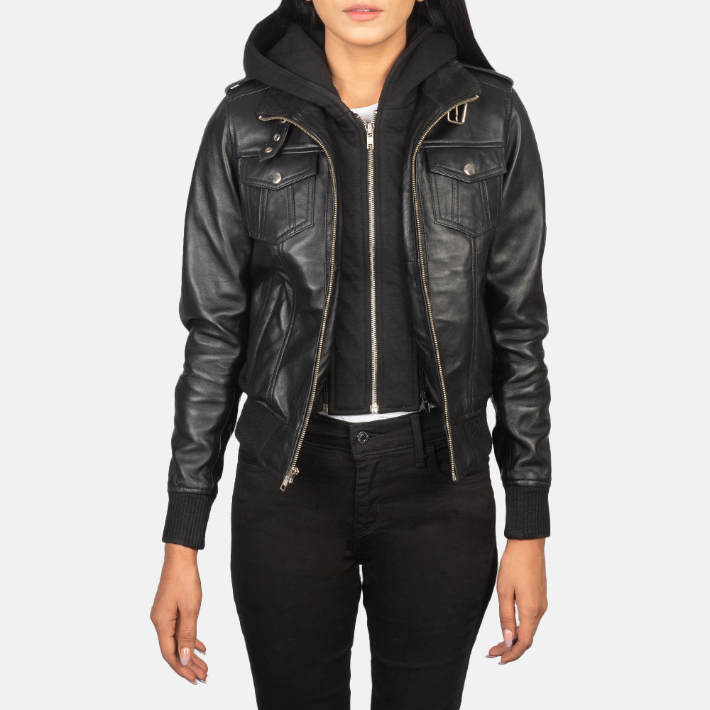 Roslyn Black Hooded Leather Bomber Jacket by Dash Racegear - women Jacket view 1