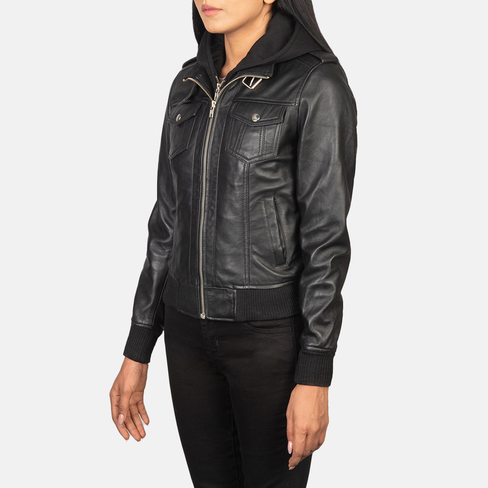 Roslyn Black Hooded Leather Bomber Jacket by Dash Racegear - women Jacket view 2