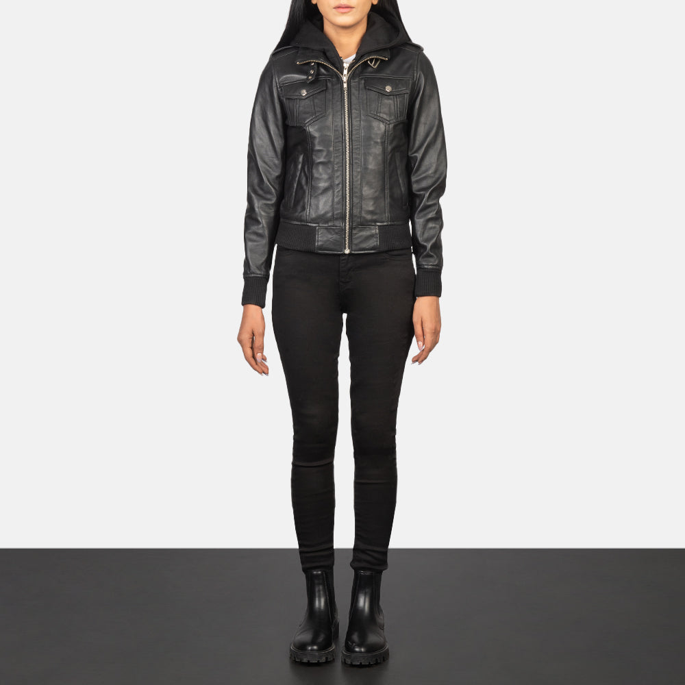 Roslyn Black Hooded Leather Bomber Jacket by Dash Racegear - women Jacket view 3