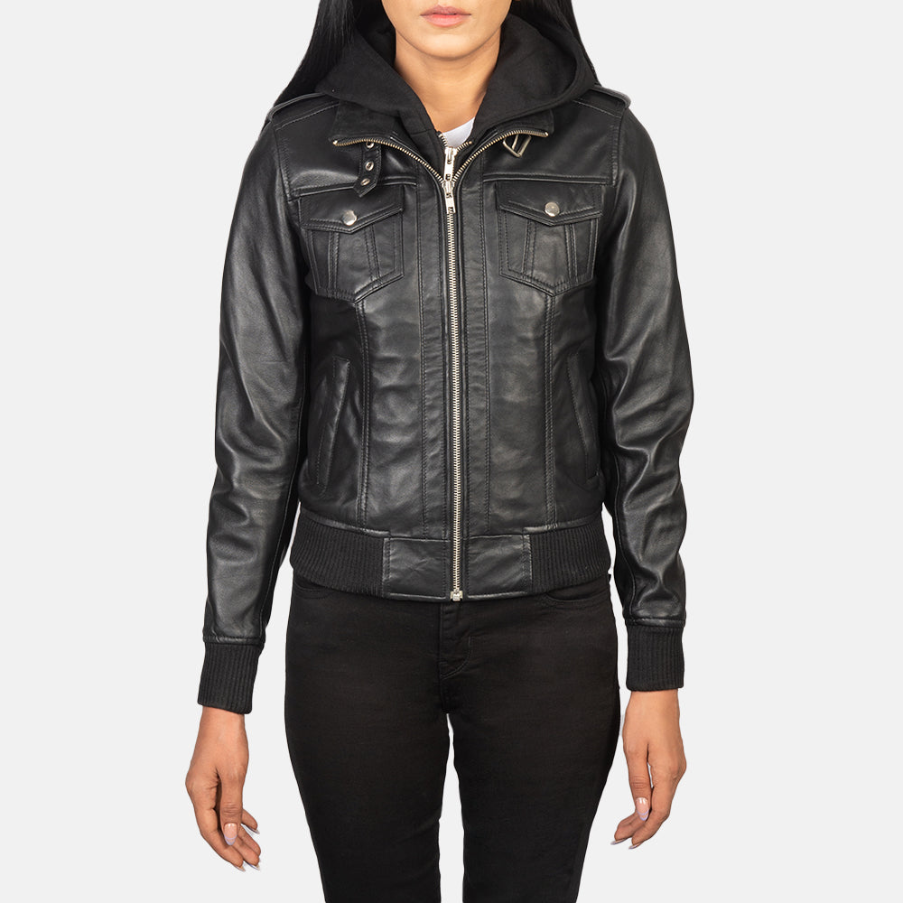 Roslyn Black Hooded Leather Bomber Jacket by Dash Racegear - women Jacket view 4