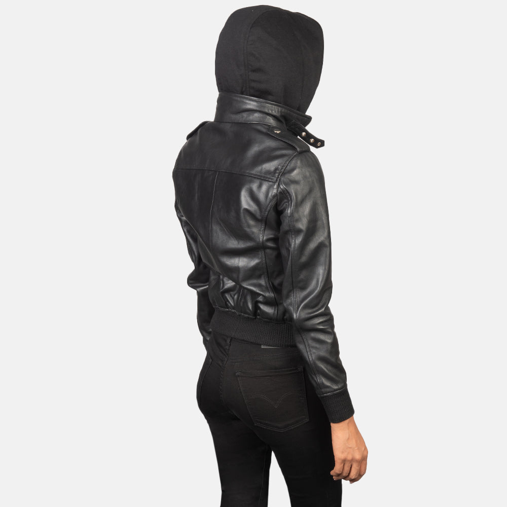 Roslyn Black Hooded Leather Bomber Jacket by Dash Racegear - women Jacket view 5