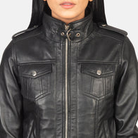 Roslyn Black Hooded Leather Bomber Jacket by Dash Racegear - women Jacket view 6