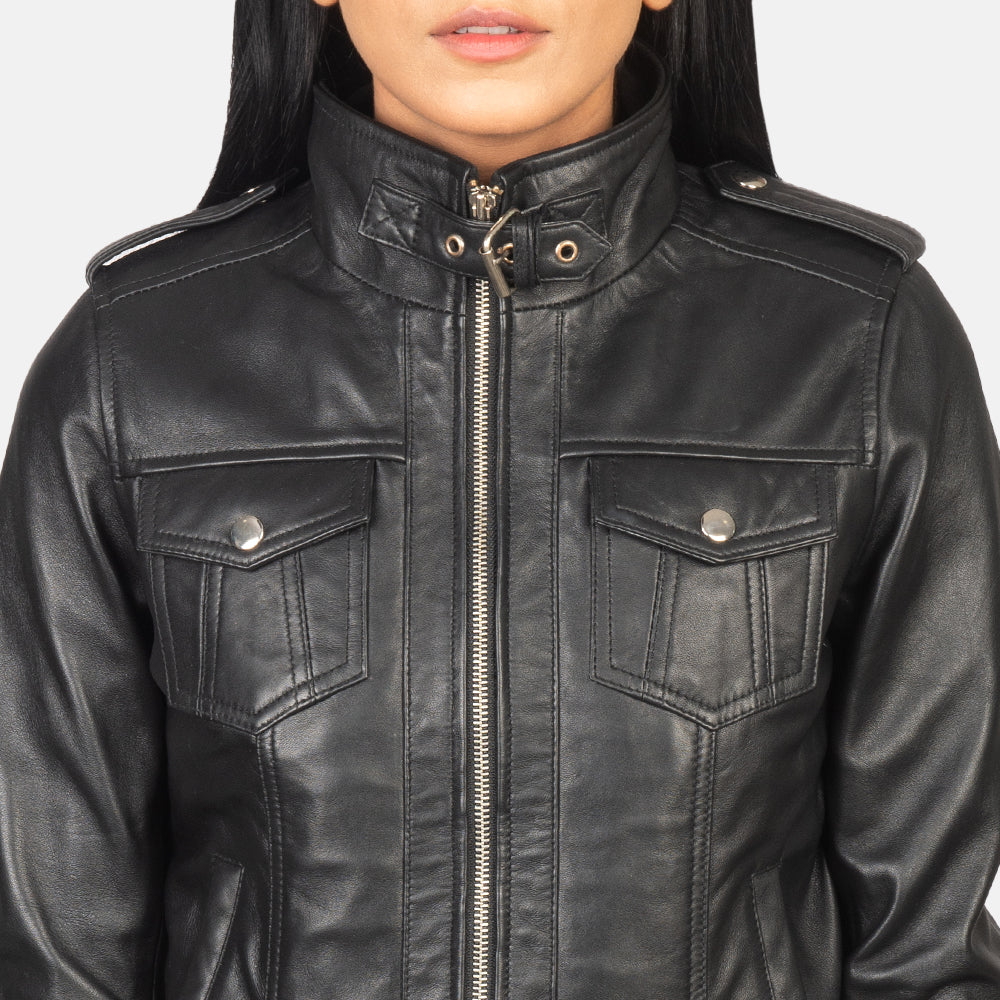 Roslyn Black Hooded Leather Bomber Jacket by Dash Racegear - women Jacket view 6