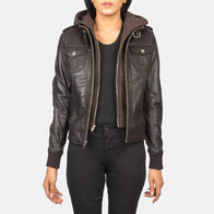 Roslyn Brown Hooded Leather Bomber Jacket by Dash Racegear - women Jacket view 1