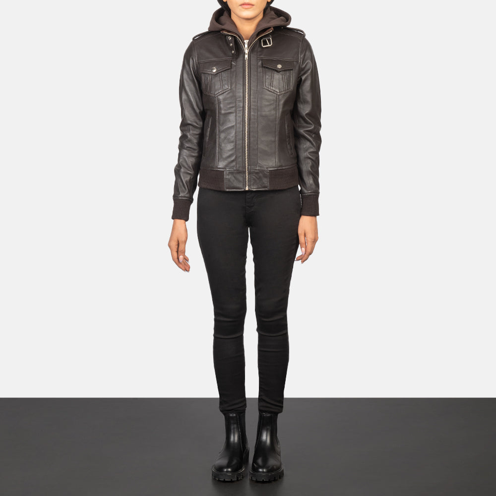 Roslyn Brown Hooded Leather Bomber Jacket by Dash Racegear - women Jacket view 3