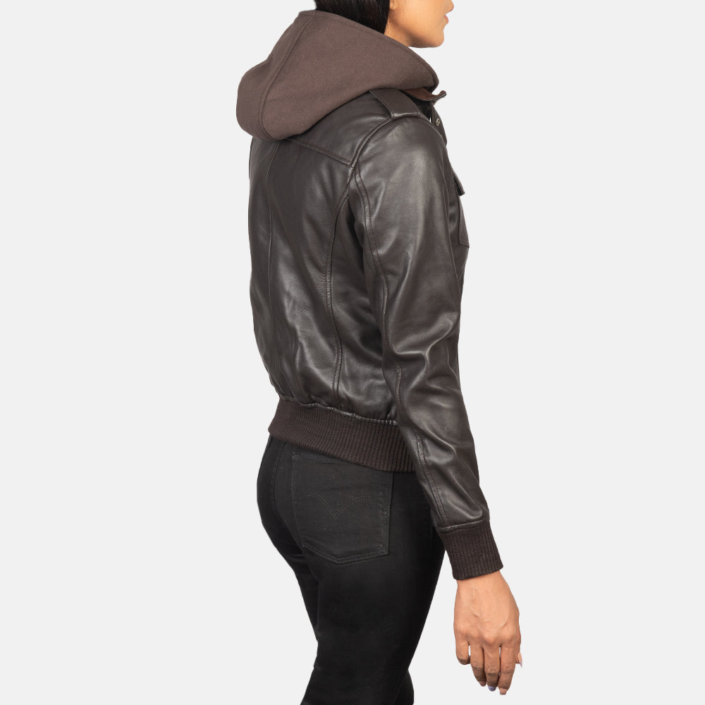 Roslyn Brown Hooded Leather Bomber Jacket by Dash Racegear - women Jacket view 5