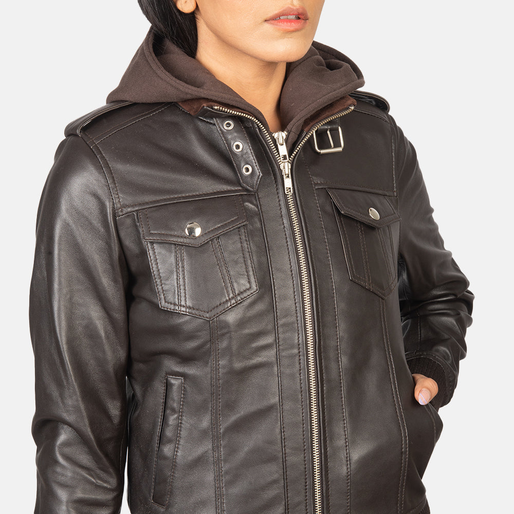 Roslyn Brown Hooded Leather Bomber Jacket by Dash Racegear - women Jacket view 6
