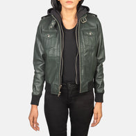 Roslyn Green Hooded Leather Bomber Jacket by Dash Racegear - women Jacket view 1