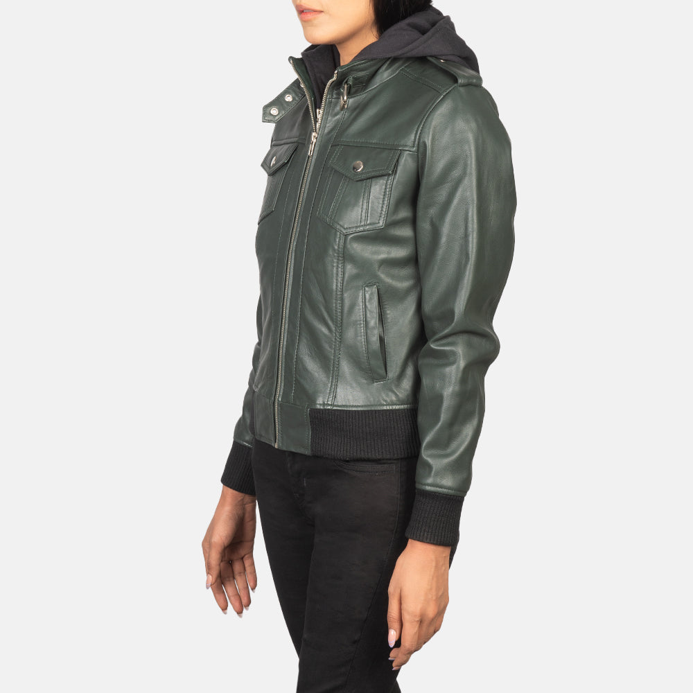 Roslyn Green Hooded Leather Bomber Jacket by Dash Racegear - women Jacket view 2