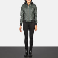 Roslyn Green Hooded Leather Bomber Jacket by Dash Racegear - women Jacket view 3