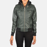 Roslyn Green Hooded Leather Bomber Jacket by Dash Racegear - women Jacket view 4