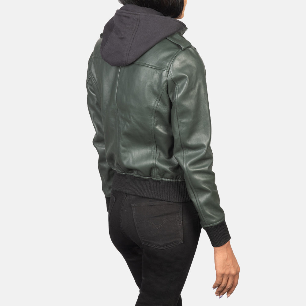 Roslyn Green Hooded Leather Bomber Jacket by Dash Racegear - women Jacket view 5