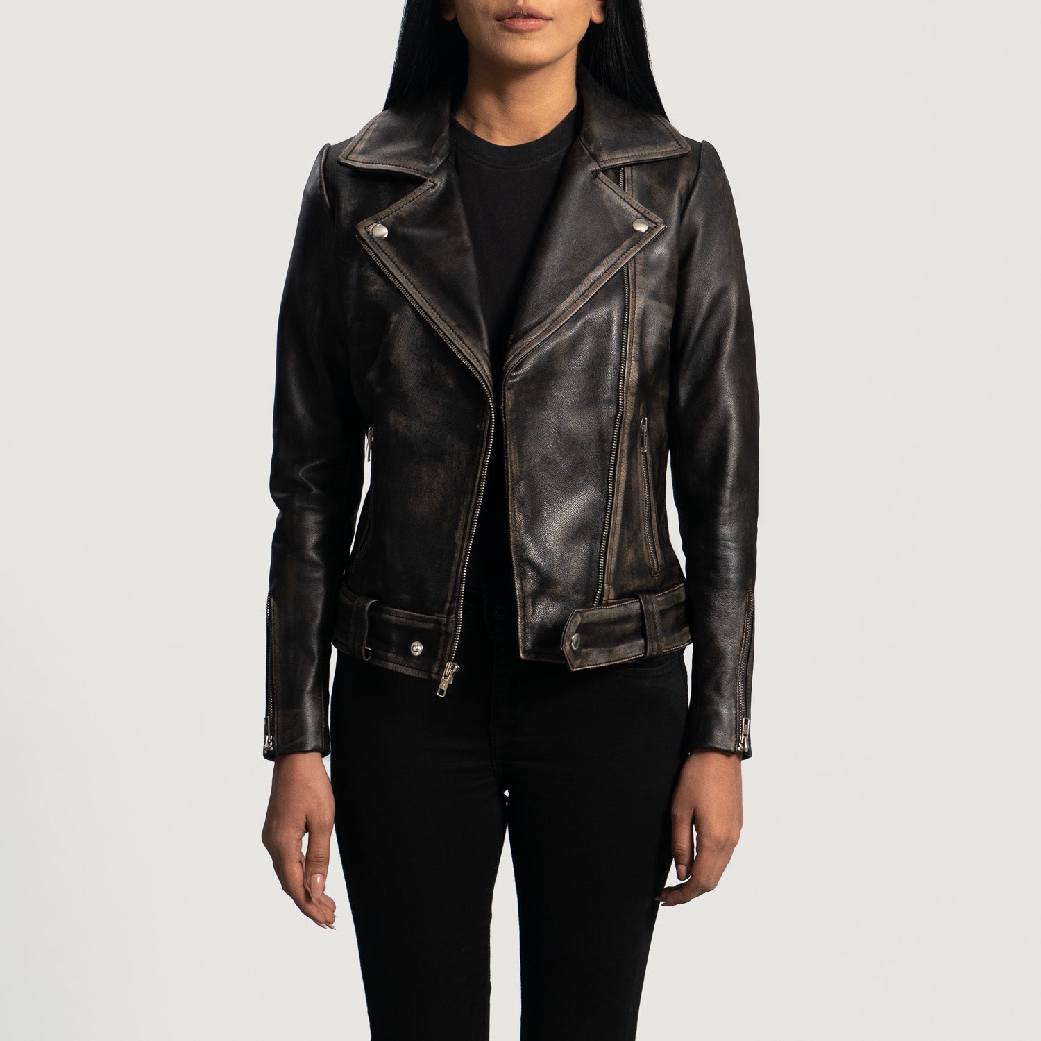 Rumy Distressed Brown Leather Biker Jacket by Dash Racegear - women Jacket view 1