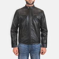 Rustic Black Leather Biker Jacket by Dash Racegear - men Jacket view 1