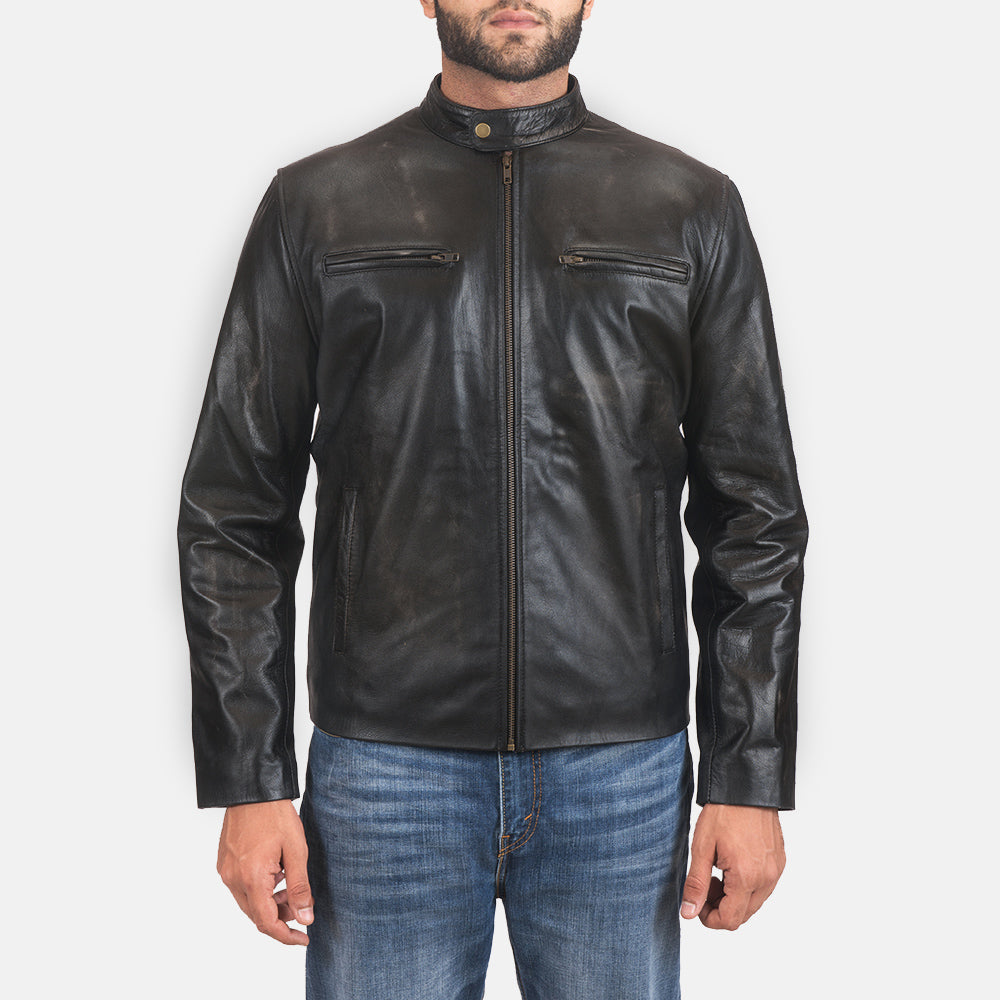 Rustic Black Leather Biker Jacket by Dash Racegear - men Jacket view 1