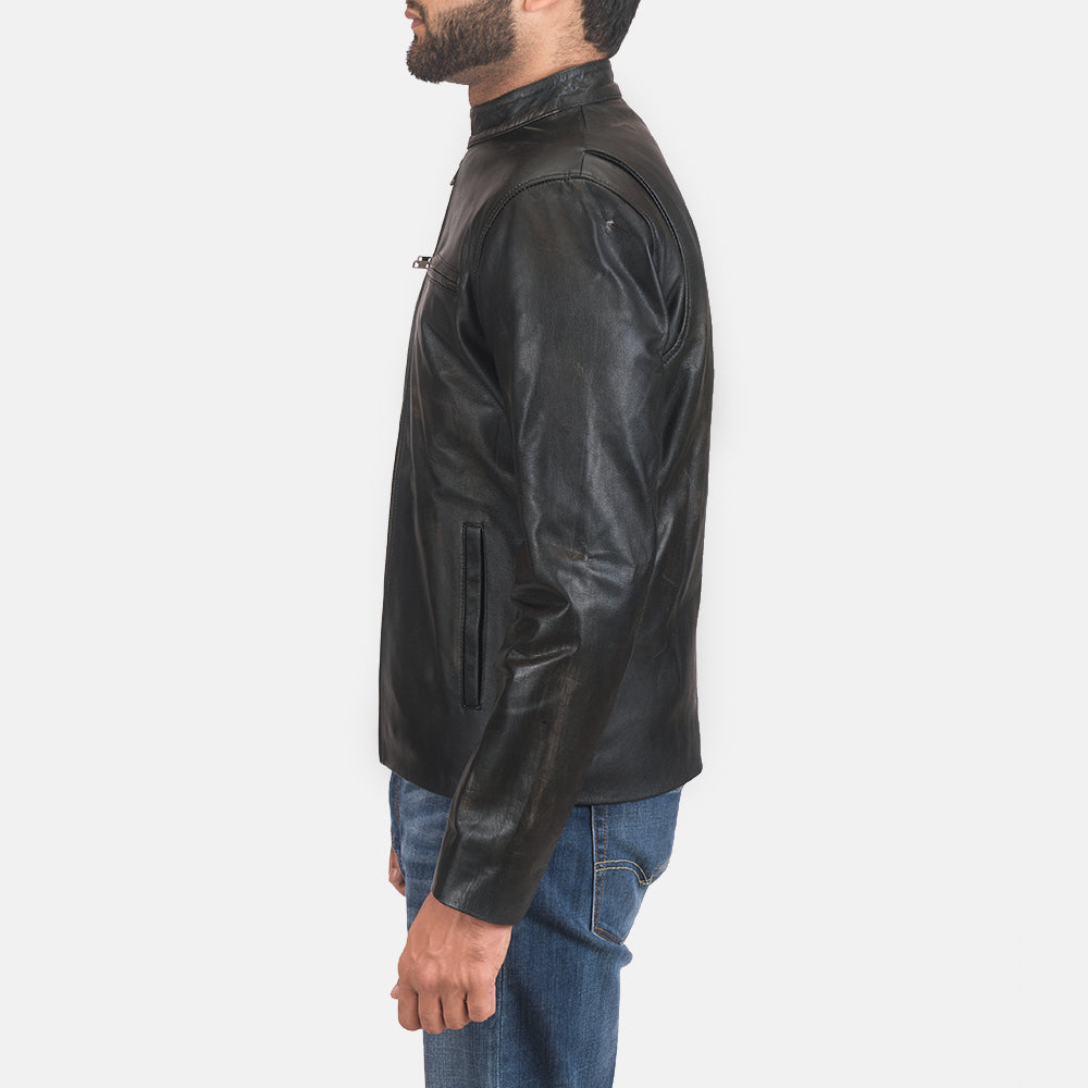 Rustic Black Leather Biker Jacket by Dash Racegear - men Jacket view 3