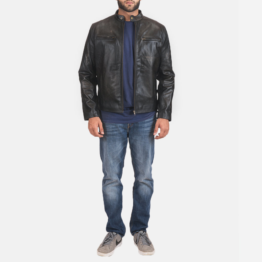 Rustic Black Leather Biker Jacket by Dash Racegear - men Jacket view 6