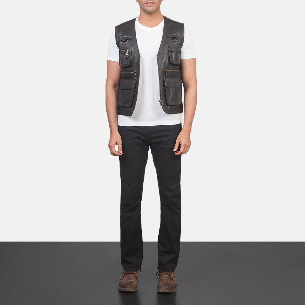 Safari Brown Leather Vest by Dash Racegear - men Jacket view 3