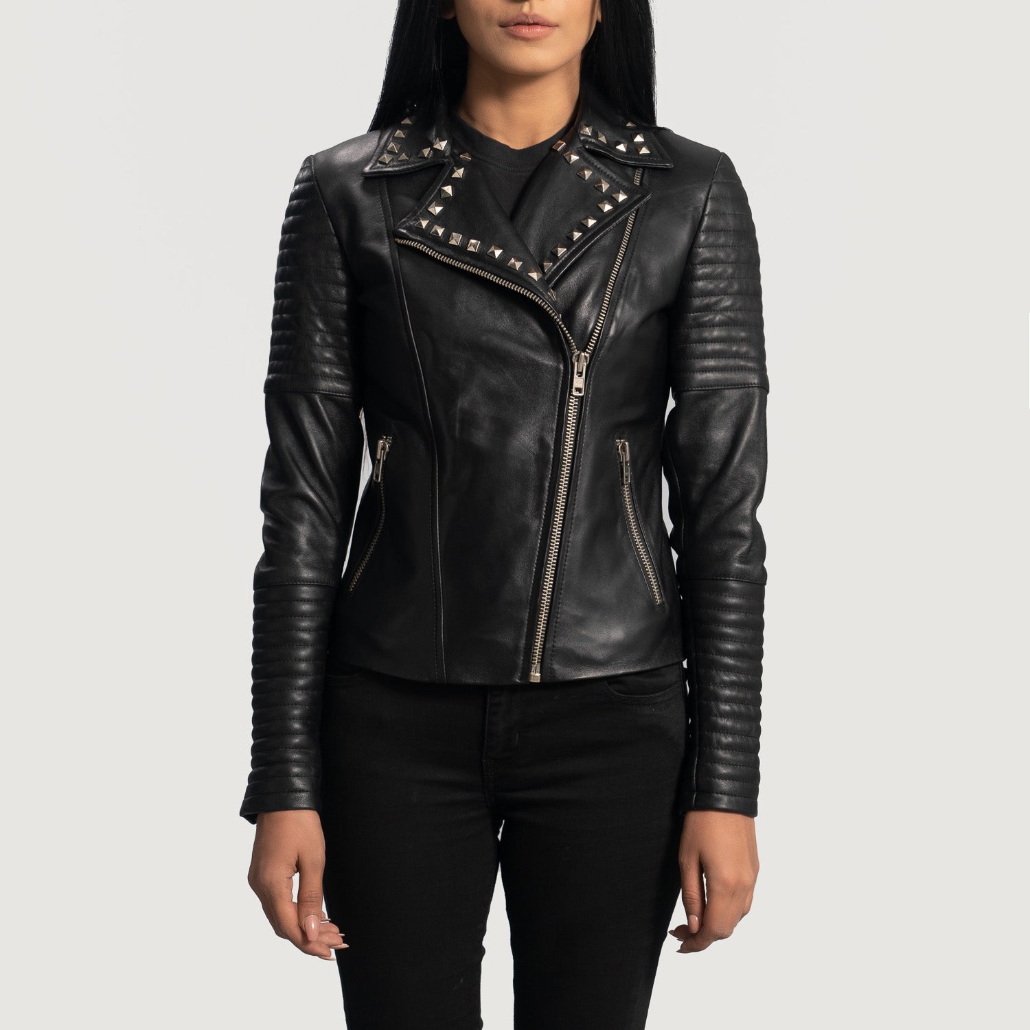 Sally Mae Studded Black Leather Biker Jacket by Dash Racegear - women Jacket view 1