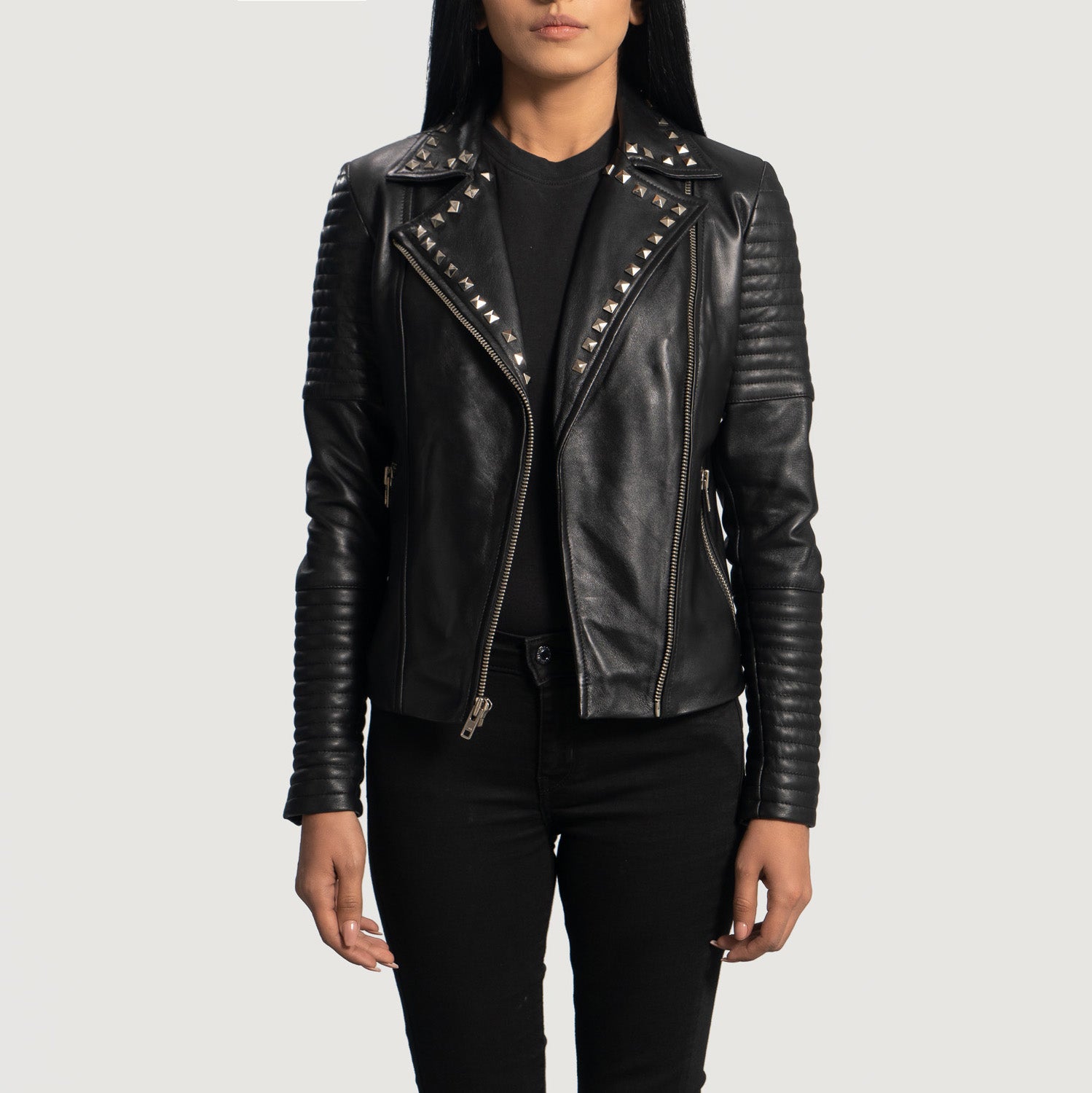 Sally Mae Studded Black Leather Biker Jacket by Dash Racegear - women Jacket view 3
