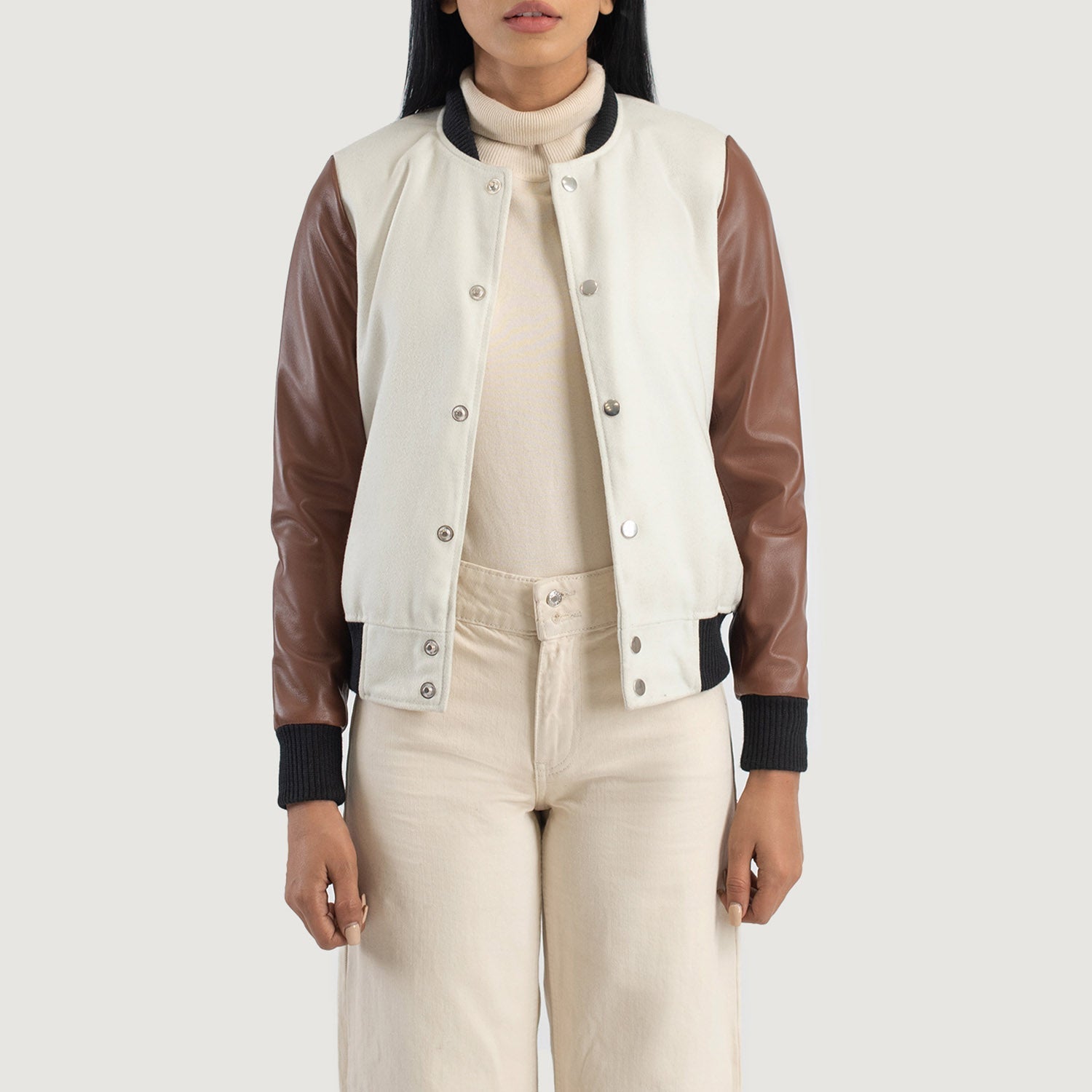 Savant White & Brown Hybrid Varsity Jacket by Dash Racegear - women Jacket view 1