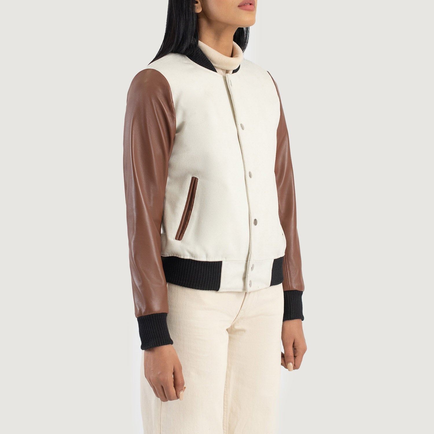 Savant White & Brown Hybrid Varsity Jacket by Dash Racegear - women Jacket view 2