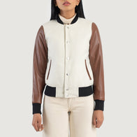 Savant White & Brown Hybrid Varsity Jacket by Dash Racegear - women Jacket view 4