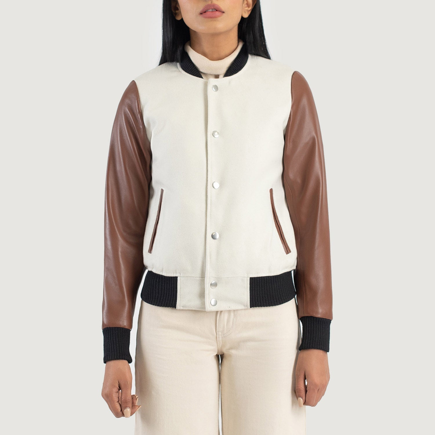 Savant White & Brown Hybrid Varsity Jacket by Dash Racegear - women Jacket view 4