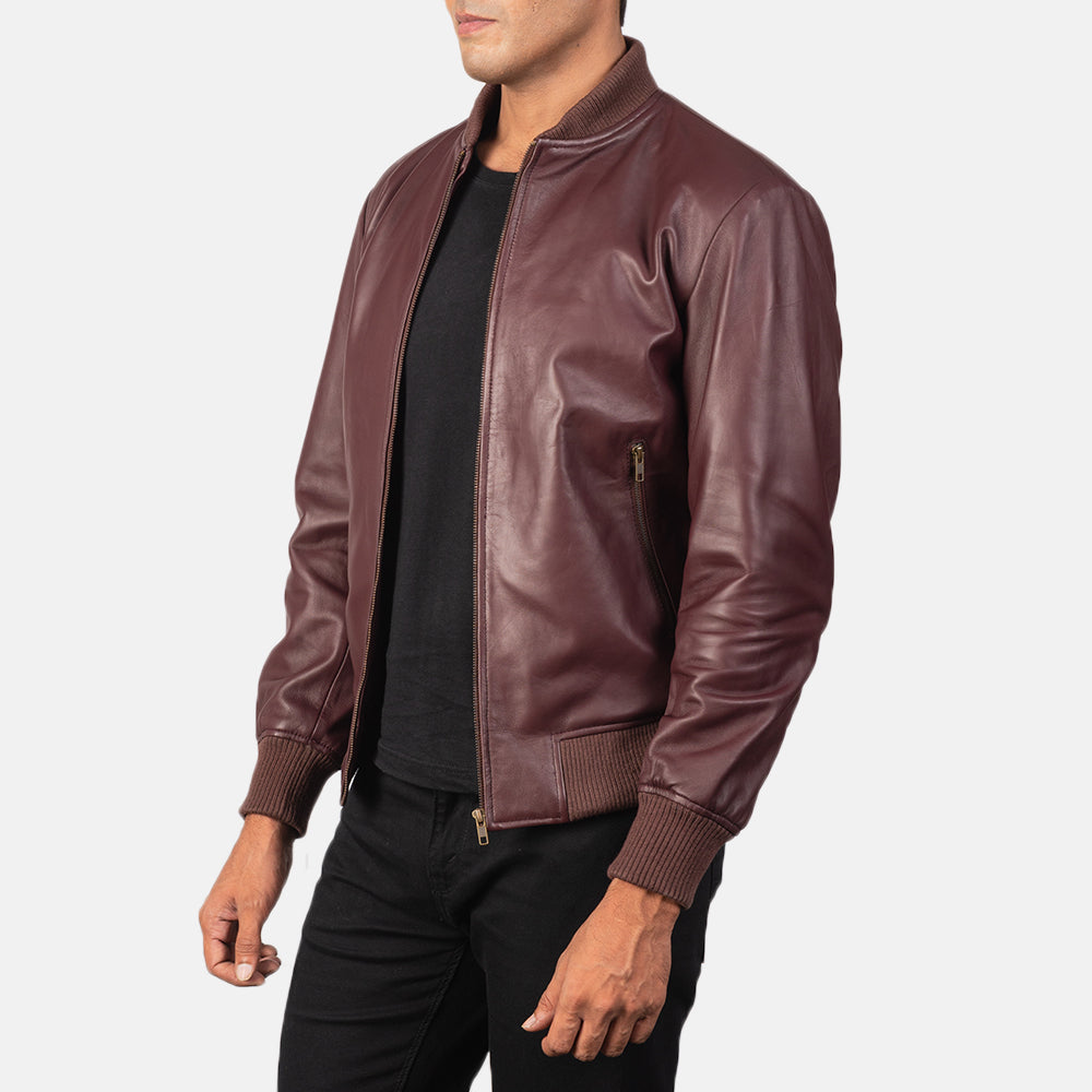 Shane Maroon Leather Bomber Jacket by Dash Racegear - men Jacket view 2