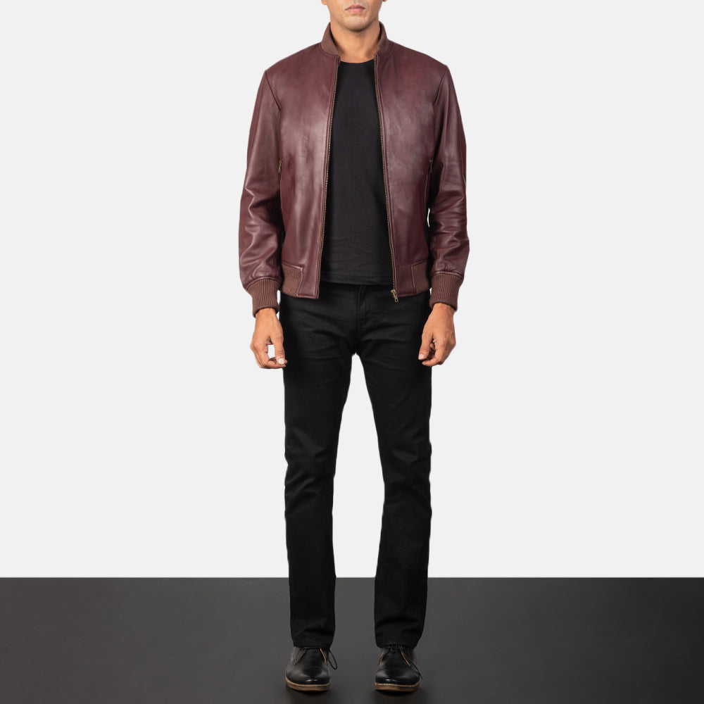 Shane Maroon Leather Bomber Jacket by Dash Racegear - men Jacket view 3