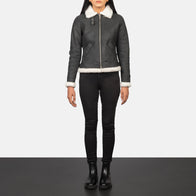 Sherilyn B-3 Black & White Leather Bomber Jacket by Dash Racegear - women Jacket view 3