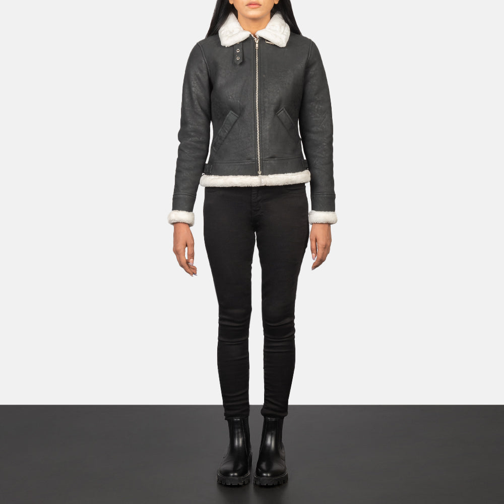 Sherilyn B-3 Black & White Leather Bomber Jacket by Dash Racegear - women Jacket view 3