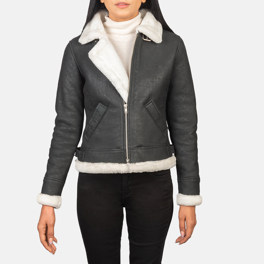 Sherilyn B-3 Black & White Leather Bomber Jacket by Dash Racegear - women Jacket view 4