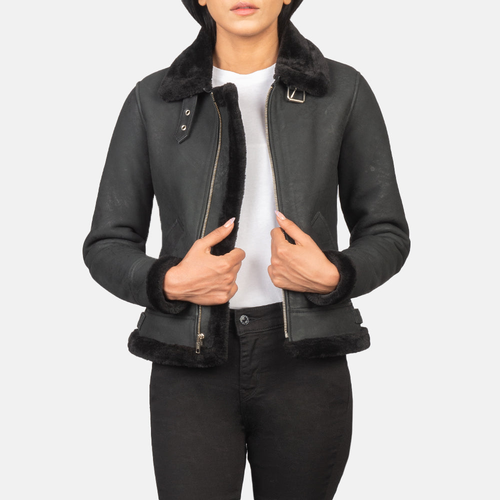 Sherilyn B-3 Distressed Black Leather Bomber Jacket by Dash Racegear - women Jacket view 1