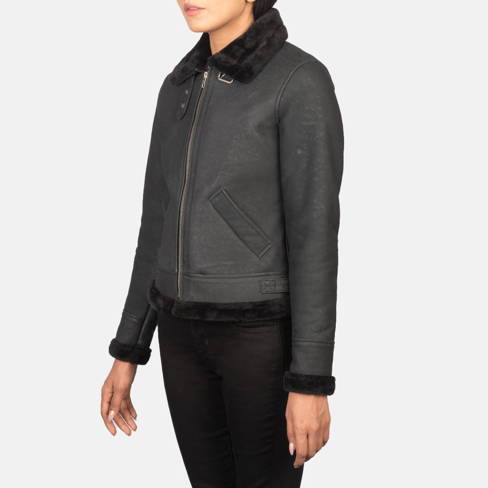 Sherilyn B-3 Distressed Black Leather Bomber Jacket by Dash Racegear - women Jacket view 2