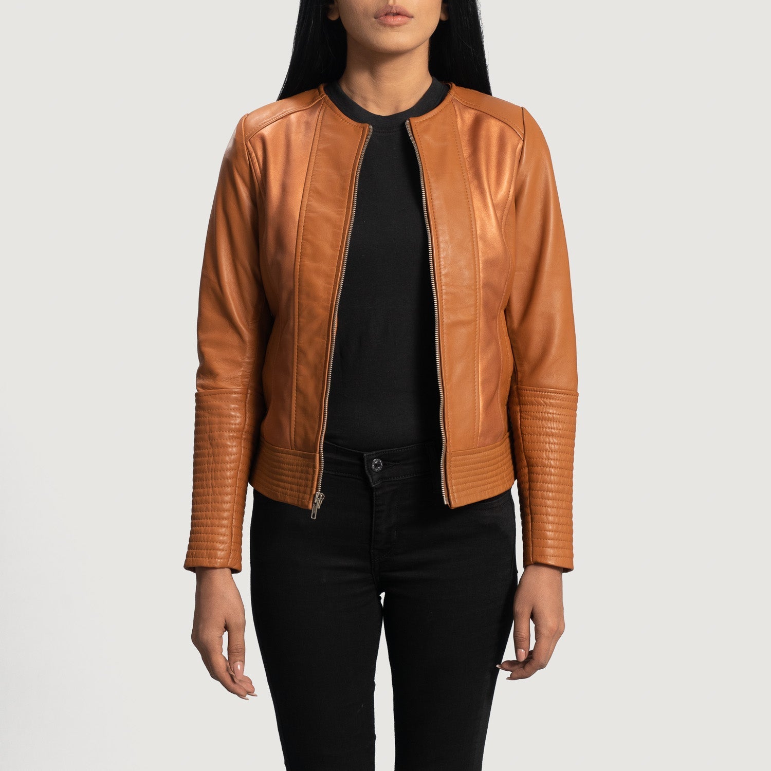 Sleeky Clean Tan Leather Biker Jacket by Dash Racegear - women Jacket view 1