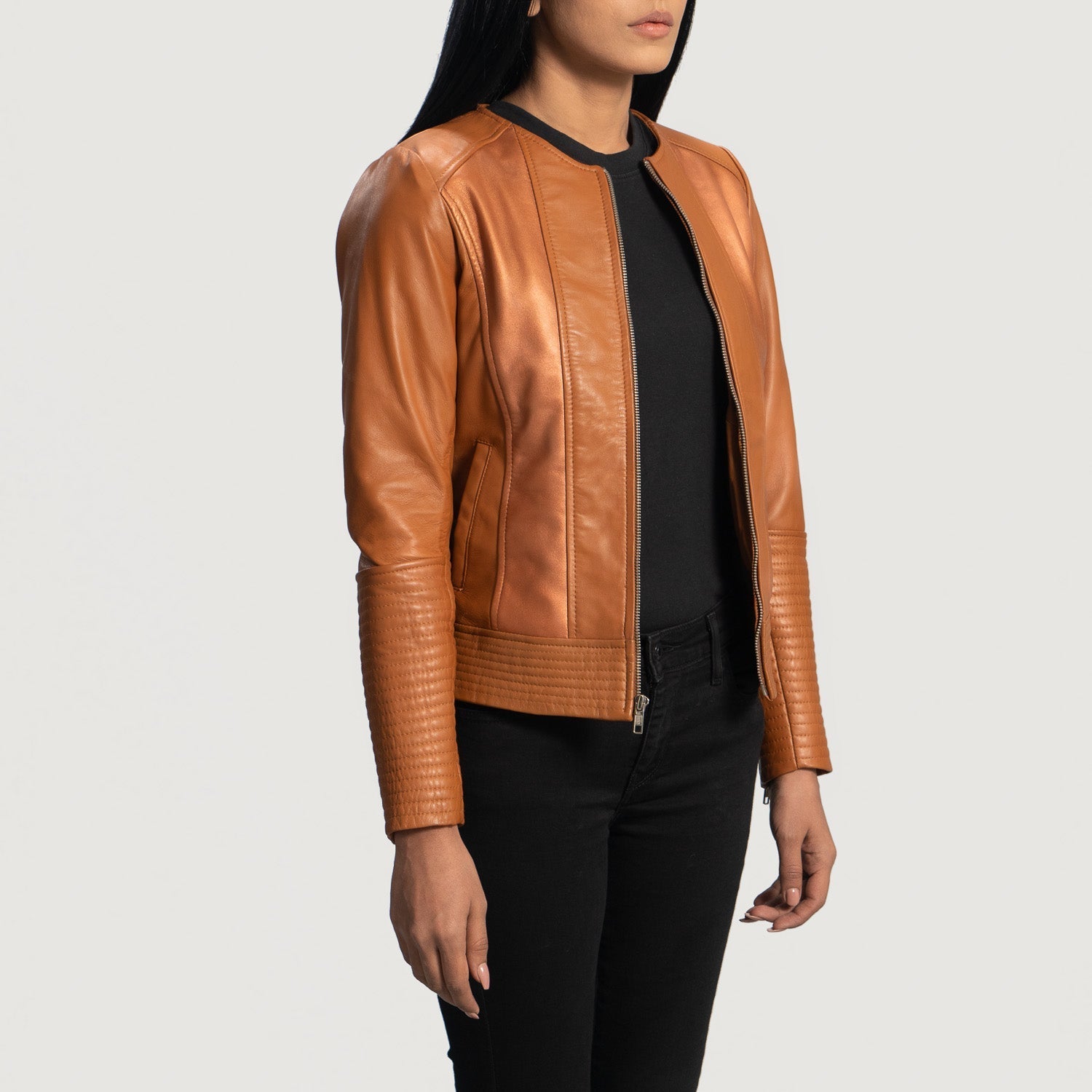 Sleeky Clean Tan Leather Biker Jacket by Dash Racegear - women Jacket view 2