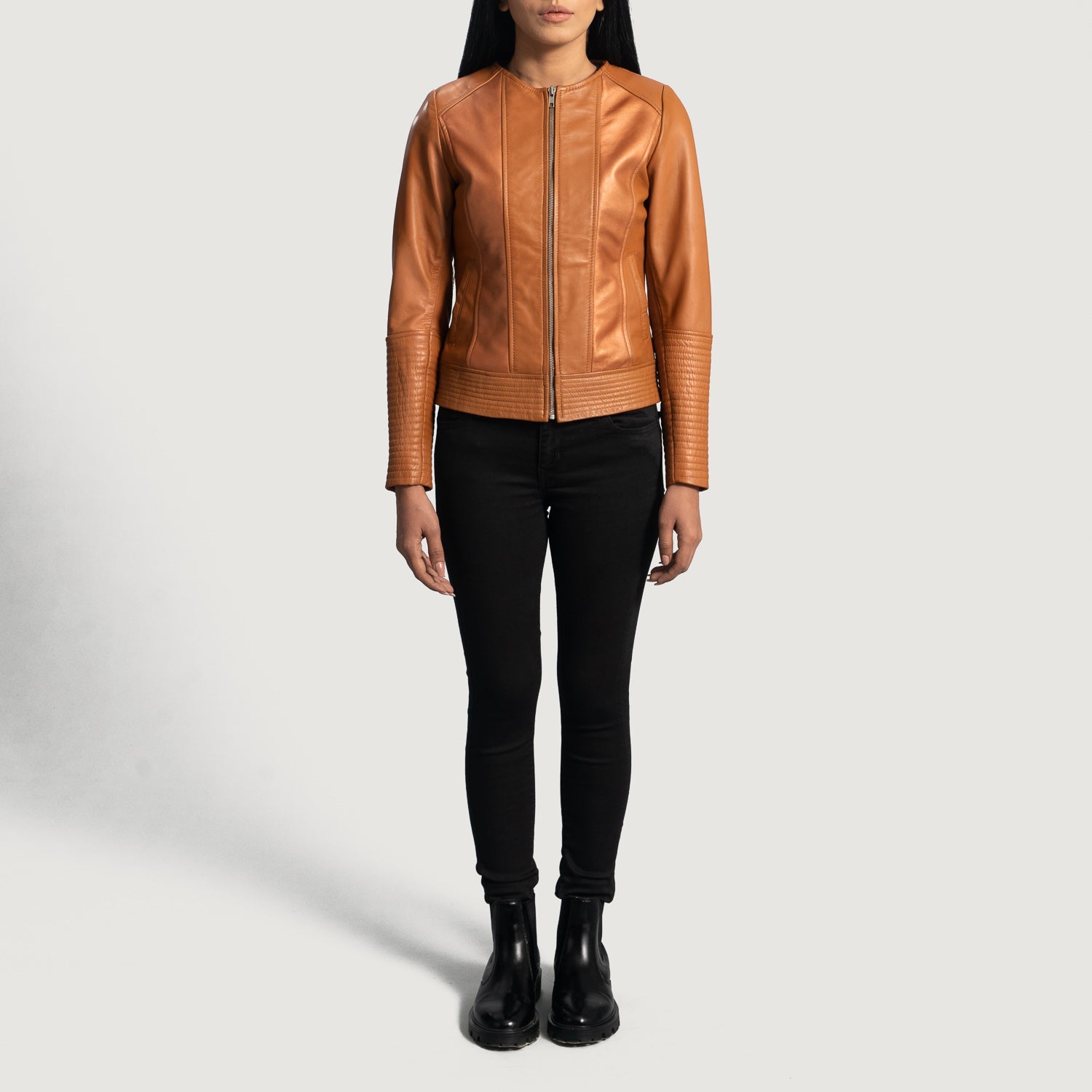 Sleeky Clean Tan Leather Biker Jacket by Dash Racegear - women Jacket view 3